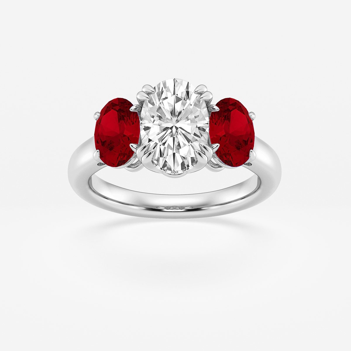 2 7/8 ctw Oval Lab Grown Diamond and Oval Cut Ruby Three-Stone Hidden Halo Engagement Ring